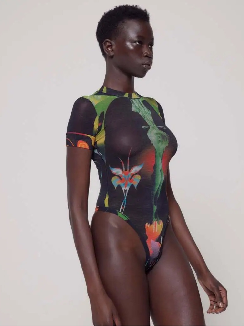SKIMS Summer Mesh color Firpal Black Multi Floral Sheer Short-Sleeve Bodysuit